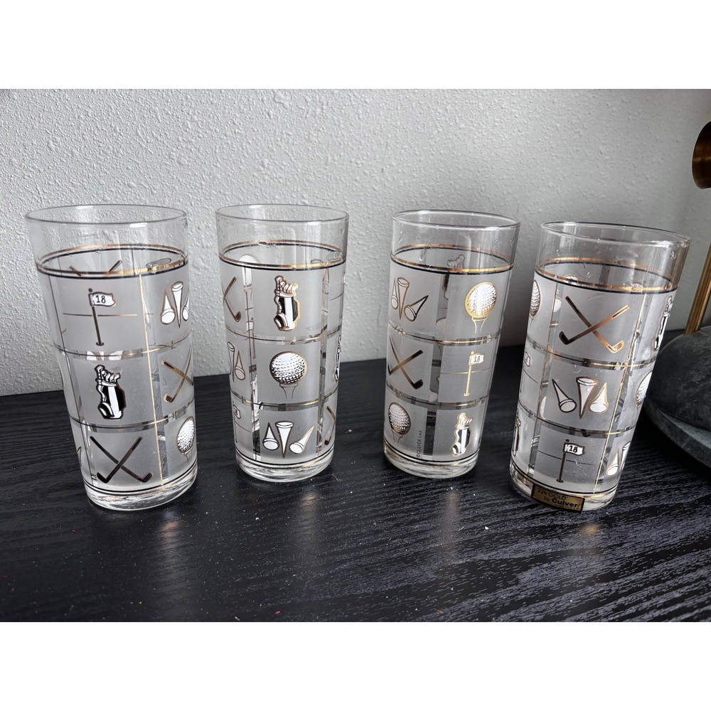 Vintage CULVER FAIRWAY Highball COCKTAIL GLASS Set 22k GOLD Accent GOLF MCM USA